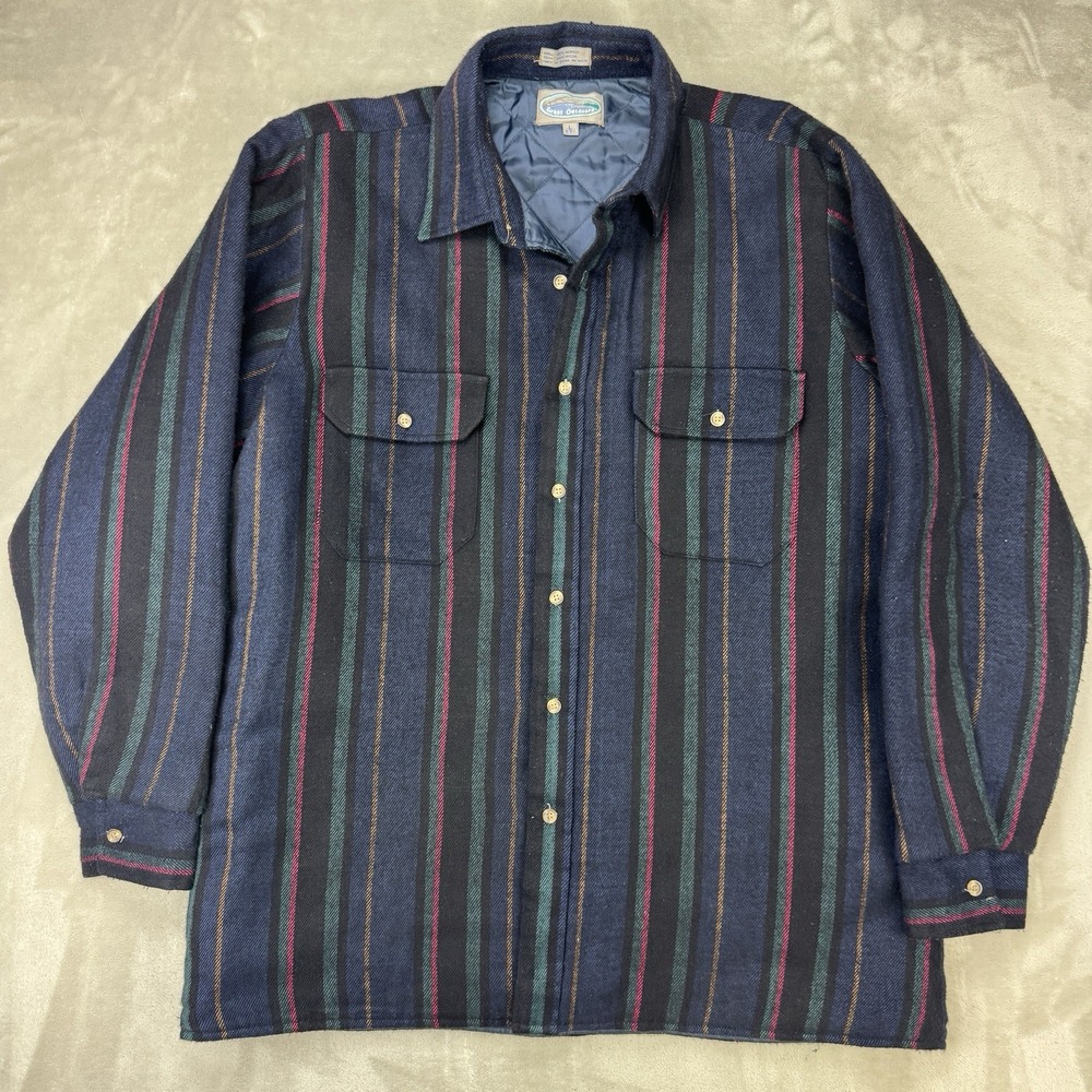VTG‎ 90s Wool Quilted Shacket Jacket Mens Large Striped Outdoorsman Cabin Core - Picture 2 of 9